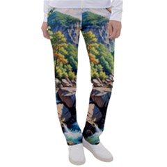 Serene Mountain Waterfall Landscape Women s Casual Pants by ExtraGoodSauce