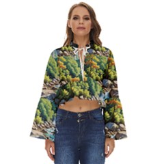 Serene Mountain Waterfall Landscape Boho Long Bell Sleeve Top