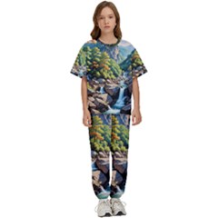 Serene Mountain Waterfall Landscape Kids  T-shirt And Pants Sports Set by ExtraGoodSauce