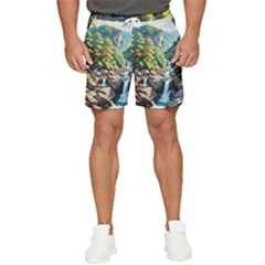 Serene Mountain Waterfall Landscape Men s Runner Shorts by ExtraGoodSauce