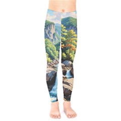 Serene Mountain Waterfall Landscape Kids  Classic Winter Leggings