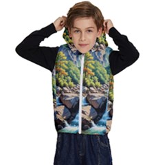 Serene Mountain Waterfall Landscape Kids  Stylish Hooded Puffer Vest