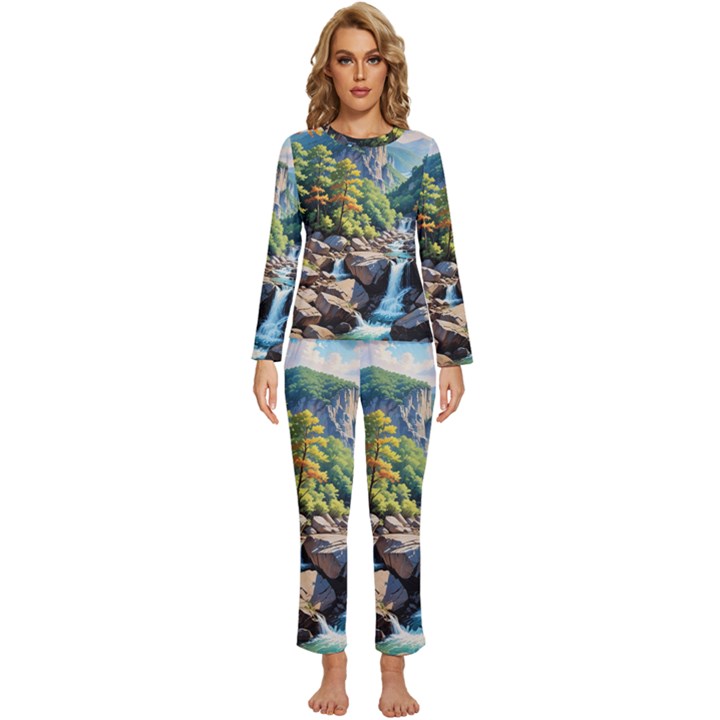 Serene Mountain Waterfall Landscape Womens  Long Sleeve Lightweight Pajamas Set