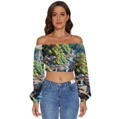 Serene Mountain Waterfall Landscape Long Sleeve Crinkled Weave Crop Top