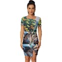 Serene Mountain Waterfall Landscape Fitted Knot Split End Bodycon Dress View1