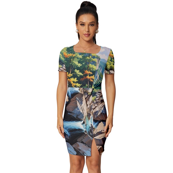 Serene Mountain Waterfall Landscape Fitted Knot Split End Bodycon Dress