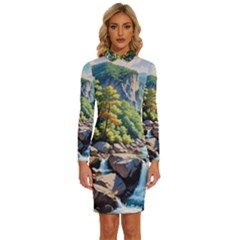 Serene Mountain Waterfall Landscape Long Sleeve Shirt Collar Bodycon Dress