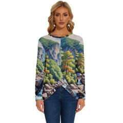 Serene Mountain Waterfall Landscape Long Sleeve Crew Neck Pullover Top by ExtraGoodSauce