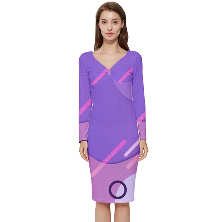 Colorful Labstract Wallpaper Theme Long Sleeve V-Neck Bodycon Dress 