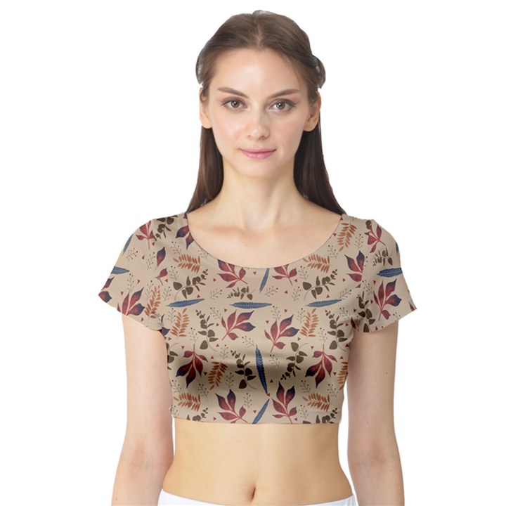 Leaves Pattern Teal Seamless Fall Short Sleeve Crop Top