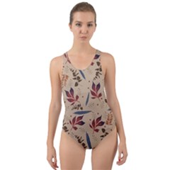 Leaves Pattern Teal Seamless Fall Cut-out Back One Piece Swimsuit