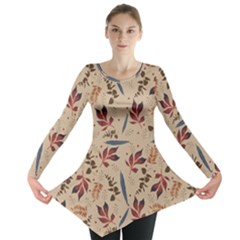 Leaves Pattern Teal Seamless Fall Long Sleeve Tunic 