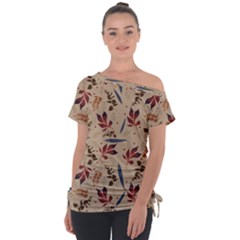 Leaves Pattern Teal Seamless Fall Off Shoulder Tie-up T-shirt