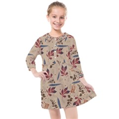 Leaves Pattern Teal Seamless Fall Kids  Quarter Sleeve Shirt Dress