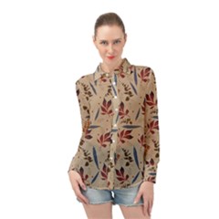 Leaves Pattern Teal Seamless Fall Long Sleeve Chiffon Shirt