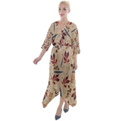 Leaves Pattern Teal Seamless Fall Quarter Sleeve Wrap Front Maxi Dress