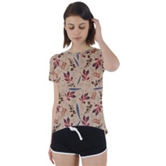 Leaves Pattern Teal Seamless Fall Short Sleeve Open Back T-Shirt