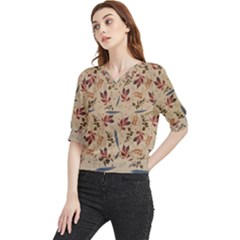 Leaves Pattern Teal Seamless Fall Quarter Sleeve Blouse