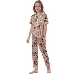 Leaves Pattern Teal Seamless Fall Kids  Satin Short Sleeve Pajamas Set