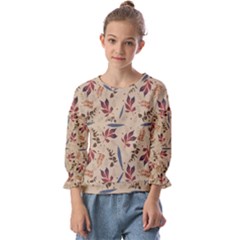 Leaves Pattern Teal Seamless Fall Kids  Cuff Sleeve Top