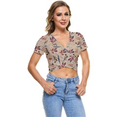 Leaves Pattern Teal Seamless Fall Short Sleeve Foldover T-Shirt