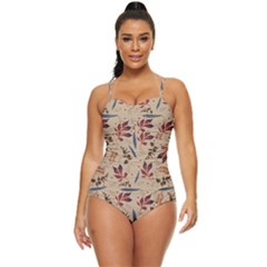 Leaves Pattern Teal Seamless Fall Retro Full Coverage Swimsuit