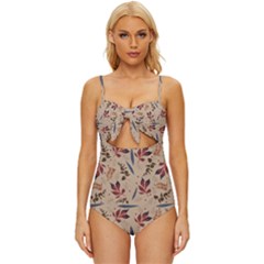 Leaves Pattern Teal Seamless Fall Knot Front One-piece Swimsuit