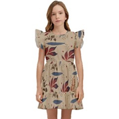 Leaves Pattern Teal Seamless Fall Kids  Winged Sleeve Dress