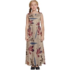 Leaves Pattern Teal Seamless Fall Kids  Satin Sleeveless Maxi Dress