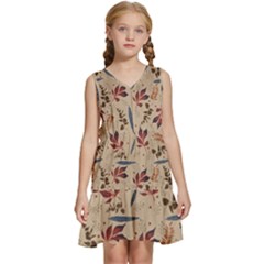 Leaves Pattern Teal Seamless Fall Kids  Sleeveless Tiered Mini Dress