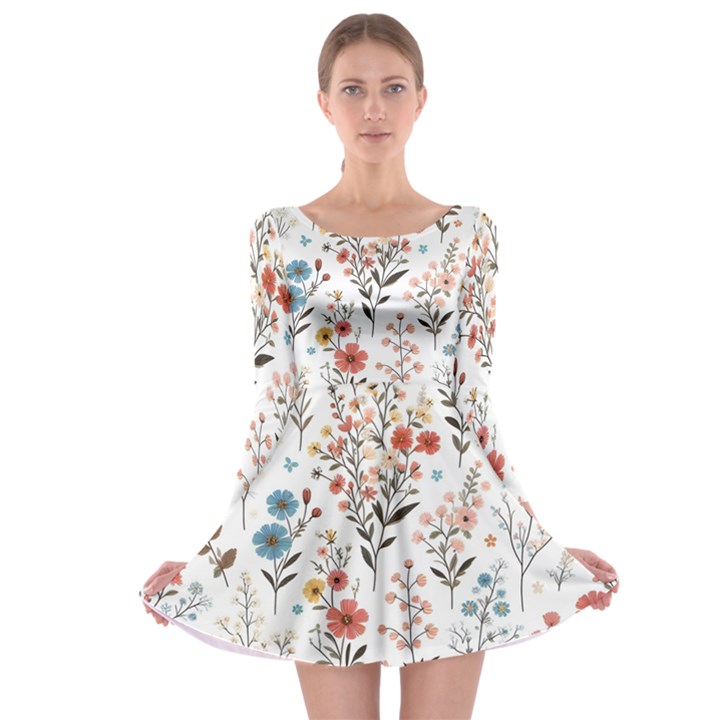 Flowers Design Floral Long Sleeve Skater Dress