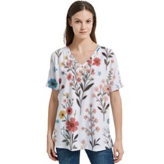 Flowers Design Floral V-neck Split Shoulder Casual T-shirt by Posterlux