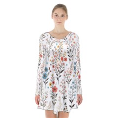 Flowers Design Floral Long Sleeve Velvet V-neck Dress