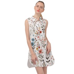 Flowers Design Floral Sleeveless Shirt Dress