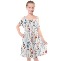 Flowers Design Floral Kids  Cut Out Shoulders Chiffon Dress