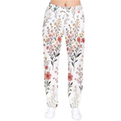 Flowers Design Floral Women Velvet Drawstring Pants