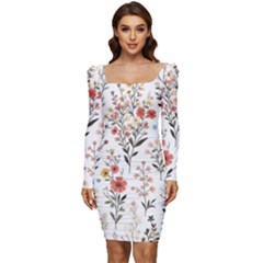 Flowers Design Floral Women Long Sleeve Ruched Stretch Jersey Dress by Posterlux