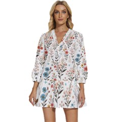 Flowers Design Floral V-neck Placket Mini Dress