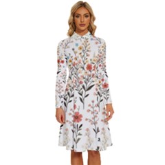 Flowers Design Floral Long Sleeve Shirt Collar A-line Dress