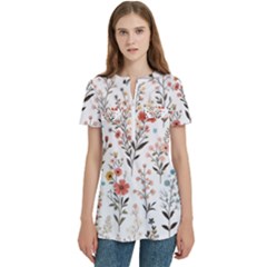 Flowers Design Floral Women s Zip Front V-neck Short Sleeve Casual Top Pocket Shirt