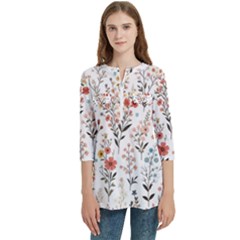 Flowers Design Floral Women s Zip Front V-neck 3/4 Sleeve Casual Top Pocket Shirt