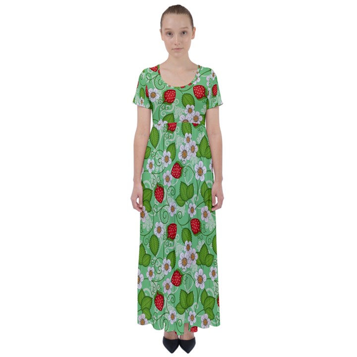 Strawberries Pattern Seamless High Waist Short Sleeve Maxi Dress