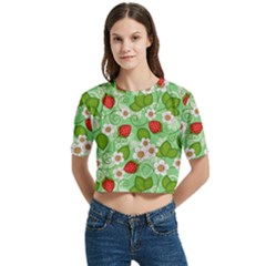 Strawberries Pattern Seamless Women s Round Neck Short Sleeve Crop Top by Posterlux