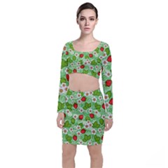 Strawberries Pattern Seamless Long Sleeve Crop Top & Bodycon Skirt Set by Posterlux