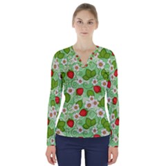 Strawberries Pattern Seamless V-neck Long Sleeve Top