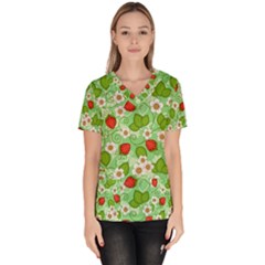 Strawberries Pattern Seamless Women s V-neck Scrub Top