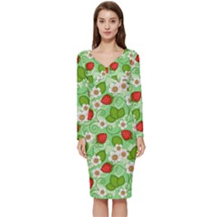 Strawberries Pattern Seamless Long Sleeve V-neck Bodycon Dress 