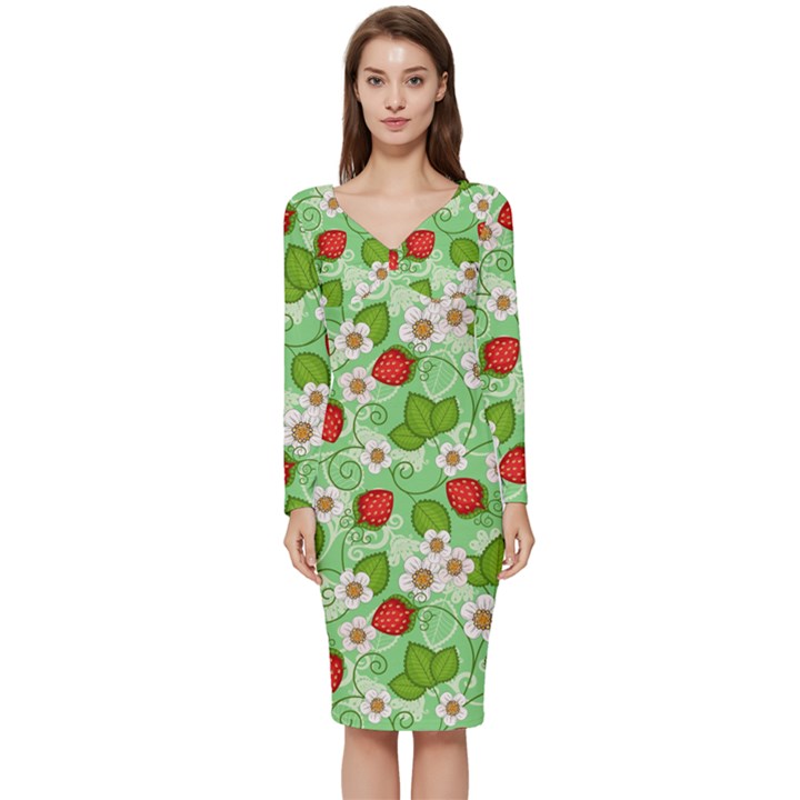 Strawberries Pattern Seamless Long Sleeve V-Neck Bodycon Dress 