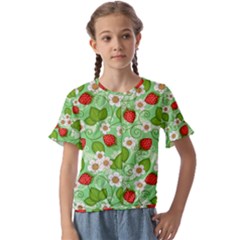 Strawberries Pattern Seamless Kids  Cuff Sleeve Scrunch Bottom T-shirt