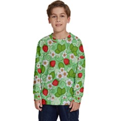 Strawberries Pattern Seamless Kids  Crewneck Sweatshirt by Posterlux